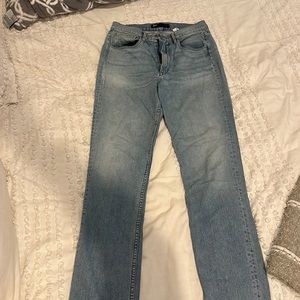 Light wash, raw hem, straight leg jean